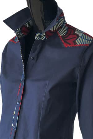 Les RemarKables - Balanchine blouse in navy blue Italian cotton, red thread embroidery wax yoke