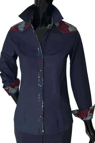 Les RemarKables - Balanchine blouse in navy blue Italian cotton, red thread embroidery wax yoke