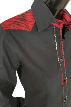 Les RemarKables - Carmen blouse in black Italian cotton, red thread embroidery wax yoke