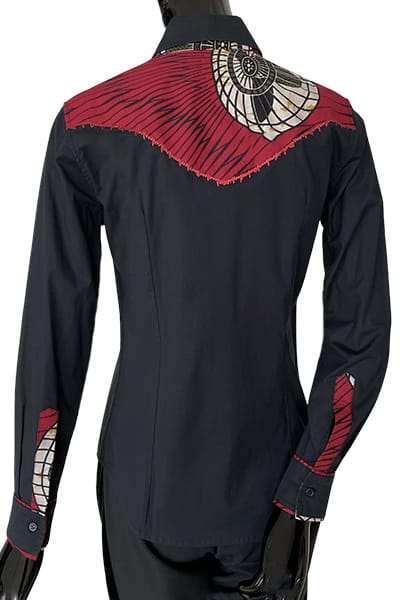 Les RemarKables - Carmen blouse in black Italian cotton, red thread embroidery wax yoke