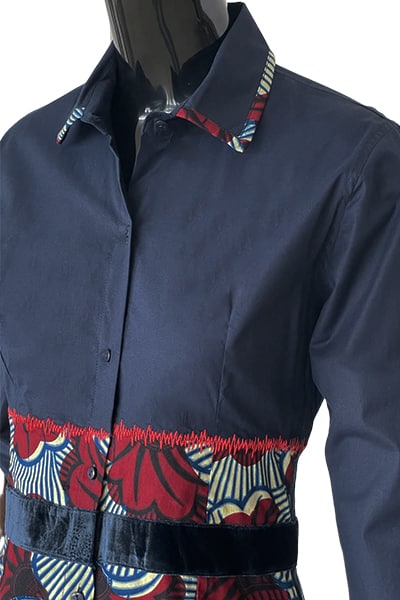Les RemarKables - Balanchine shirt dress in navy blue Italian cotton, wax and velvet yoke