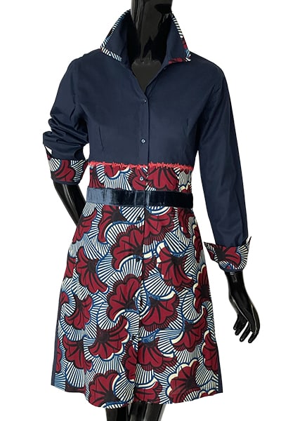 Les RemarKables - Balanchine shirt dress in navy blue Italian cotton, wax and velvet yoke