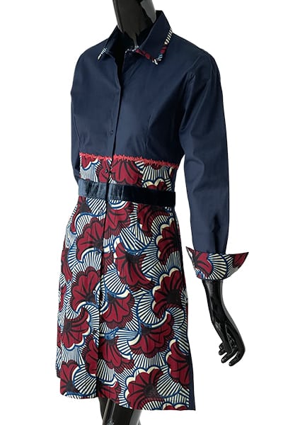 Les RemarKables - Robe chemise Balanchine en coton italien bleu marine, empiècement wax et velours